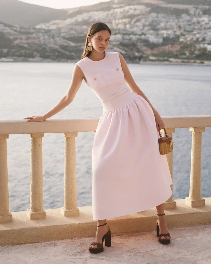 Pink Taffeta Belted Midi Dress Pink Taffeta Belted Midi Dress
