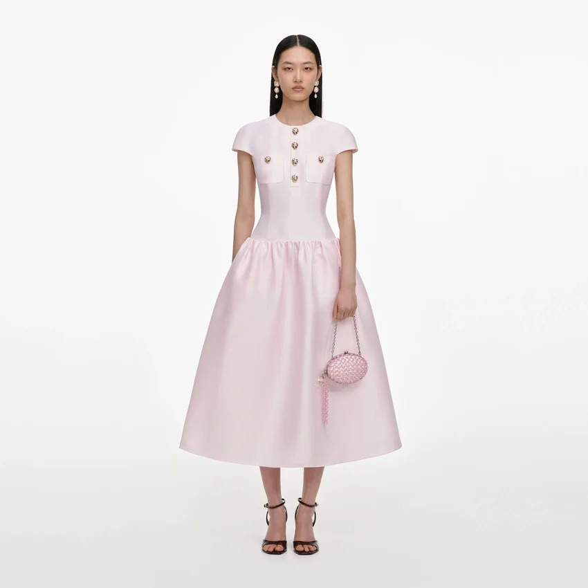 Pink Taffeta Buttoned Midi Dress Pink Taffeta Buttoned Midi Dress