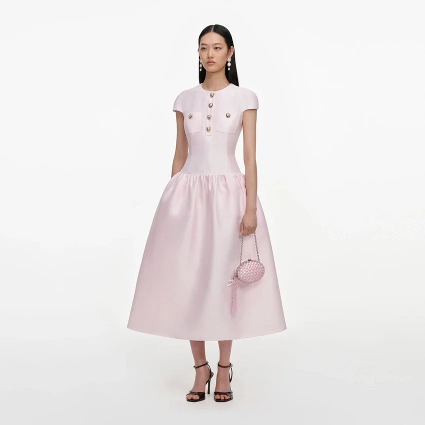 Pink Taffeta Buttoned Midi Dress Pink Taffeta Buttoned Midi Dress