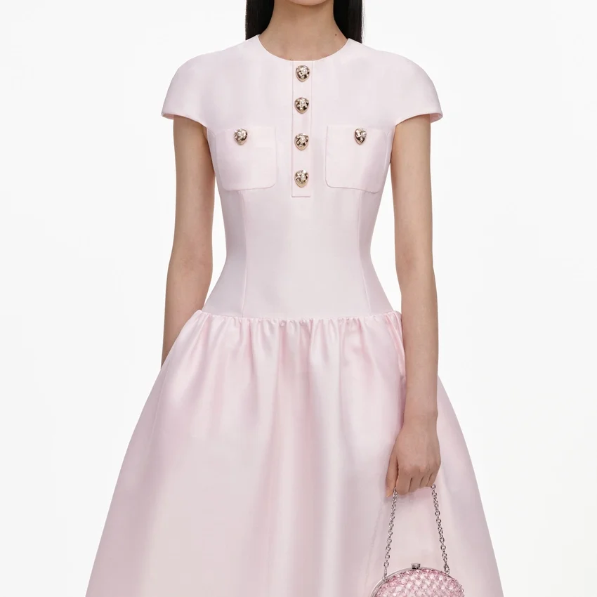 Pink Taffeta Buttoned Midi Dress Pink Taffeta Buttoned Midi Dress