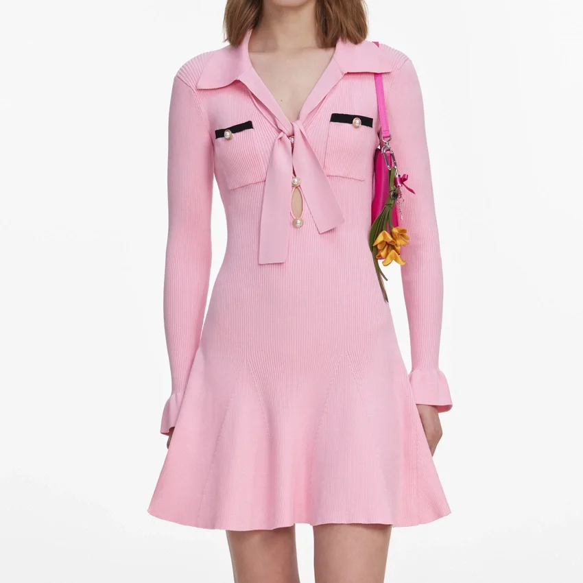 Pink Viscose Knit Tie Mini Dress Pink Viscose Knit Tie Mini Dress