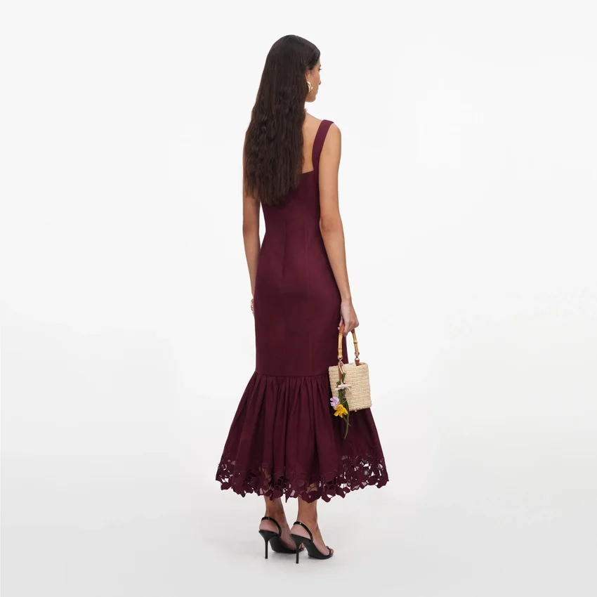 Plum Linen Blend Lace Insert Midi Dress Plum Linen Blend Lace Insert Midi Dress