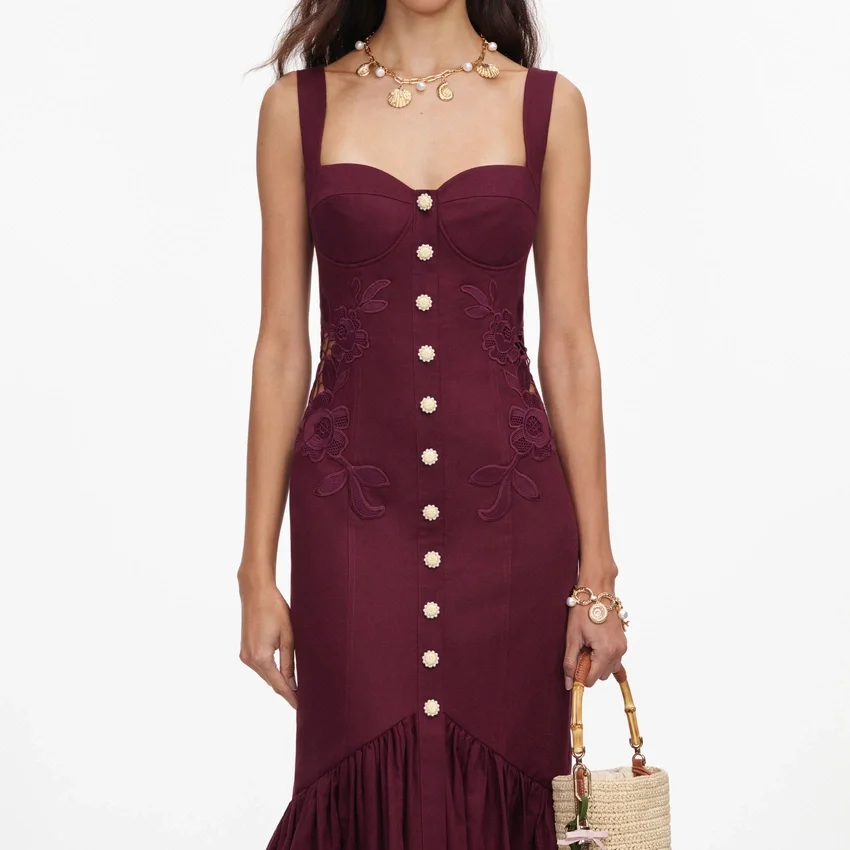 Plum Linen Blend Lace Insert Midi Dress Plum Linen Blend Lace Insert Midi Dress