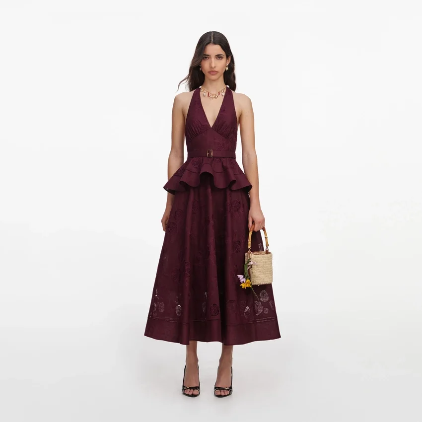 Plum Linen Blend Peplum Midi Dress Plum Linen Blend Peplum Midi Dress