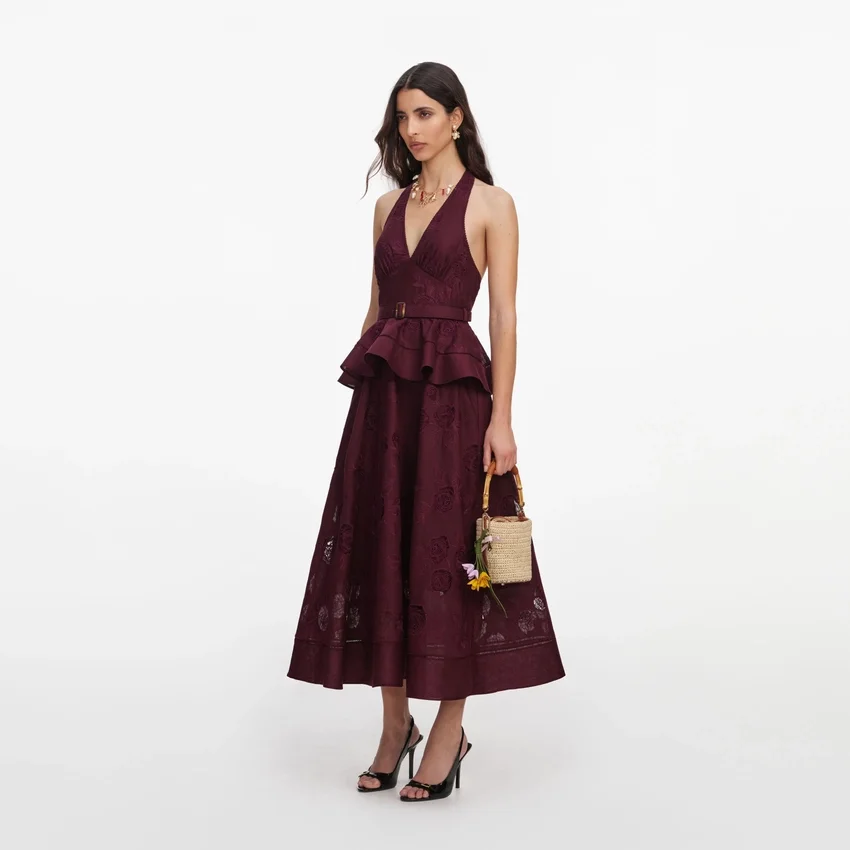 Plum Linen Blend Peplum Midi Dress Plum Linen Blend Peplum Midi Dress