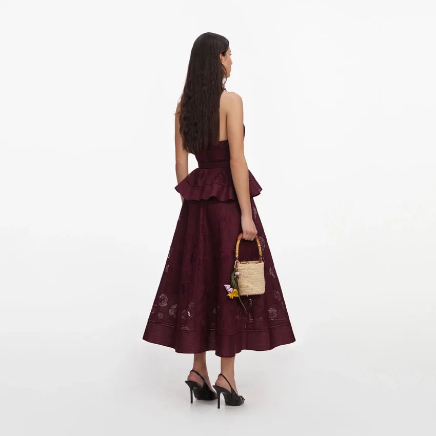 Plum Linen Blend Peplum Midi Dress Plum Linen Blend Peplum Midi Dress