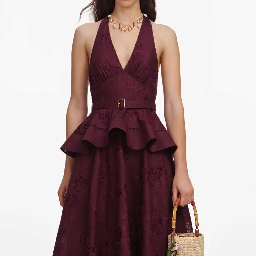 Plum Linen Blend Peplum Midi Dress Plum Linen Blend Peplum Midi Dress