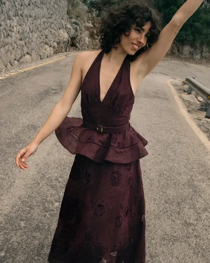 Plum Linen Blend Peplum Midi Dress Plum Linen Blend Peplum Midi Dress