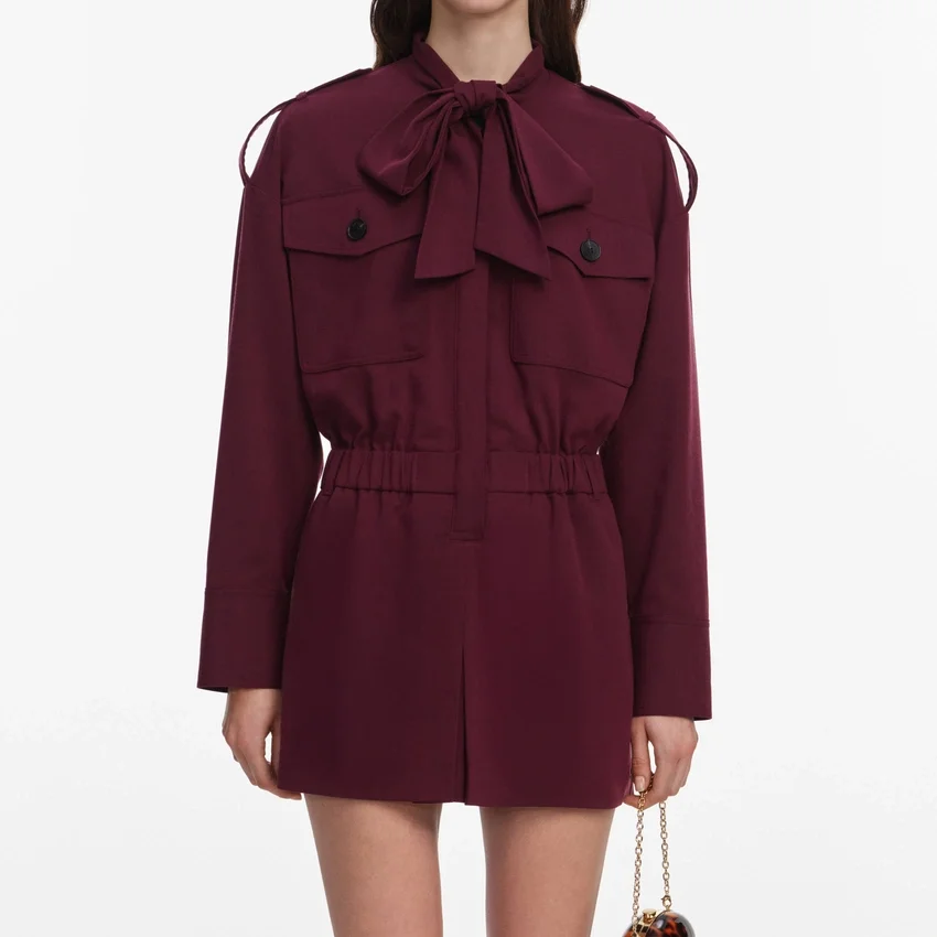 Plum Twill Tie Neck Playsuit Plum Twill Tie Neck Playsuit