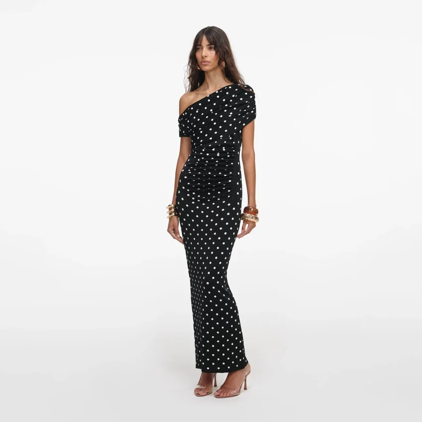 Polka Dot Draped Knit Midi Dress Polka Dot Draped Knit Midi Dress