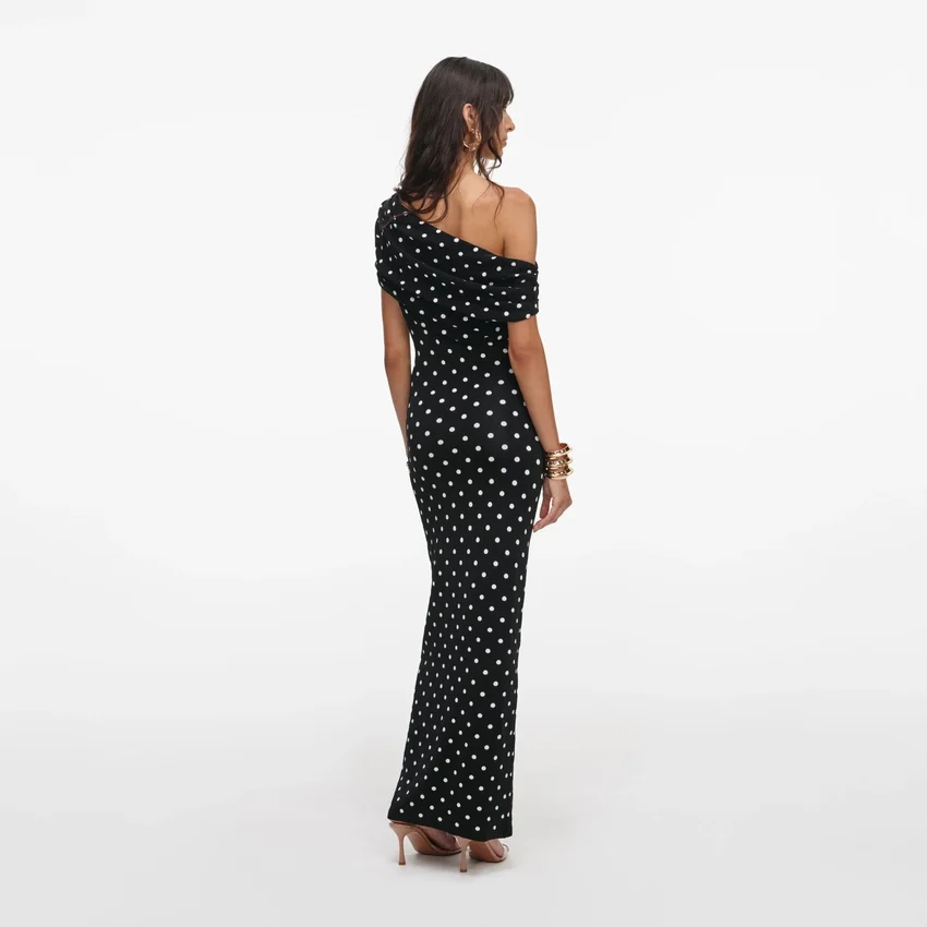 Polka Dot Draped Knit Midi Dress Polka Dot Draped Knit Midi Dress