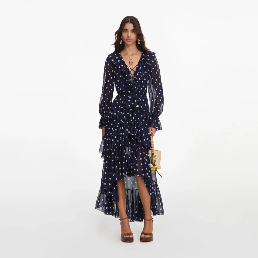 Polka Dot Georgette Ruffle Maxi Dress Polka Dot Georgette Ruffle Maxi Dress