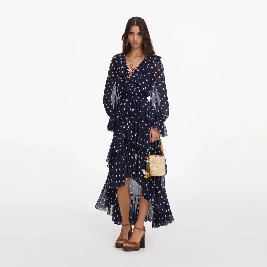 Polka Dot Georgette Ruffle Maxi Dress Polka Dot Georgette Ruffle Maxi Dress