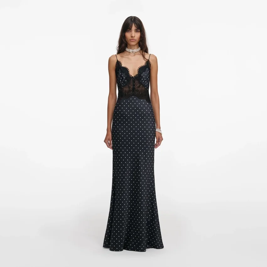 Polka Dot Satin Lace Maxi Dress Polka Dot Satin Lace Maxi Dress