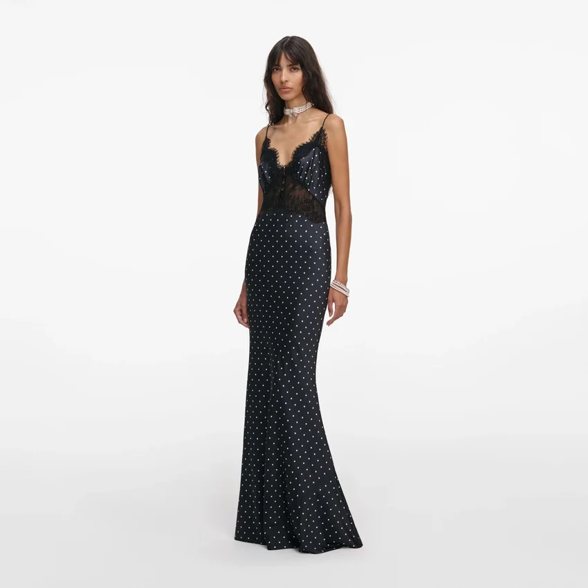 Polka Dot Satin Lace Maxi Dress Polka Dot Satin Lace Maxi Dress