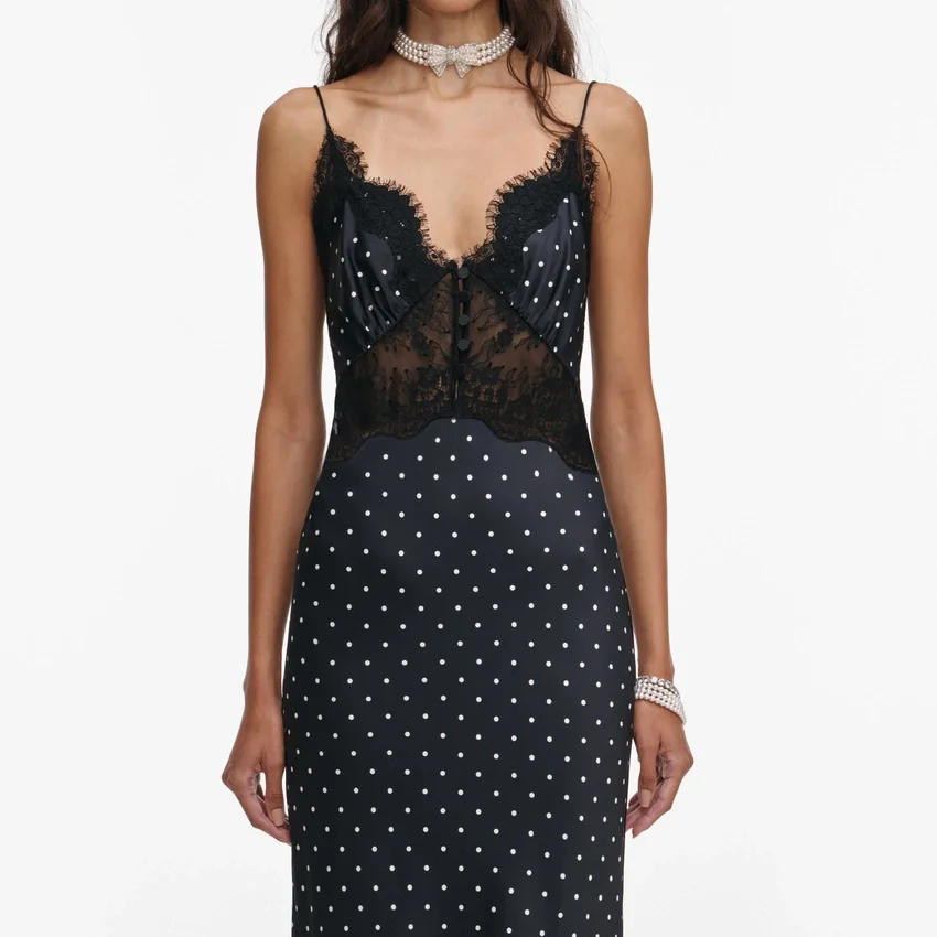 Polka Dot Satin Lace Maxi Dress Polka Dot Satin Lace Maxi Dress