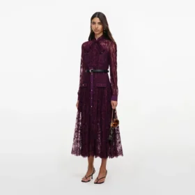 Purple Lace Tie Neck Midi Dress