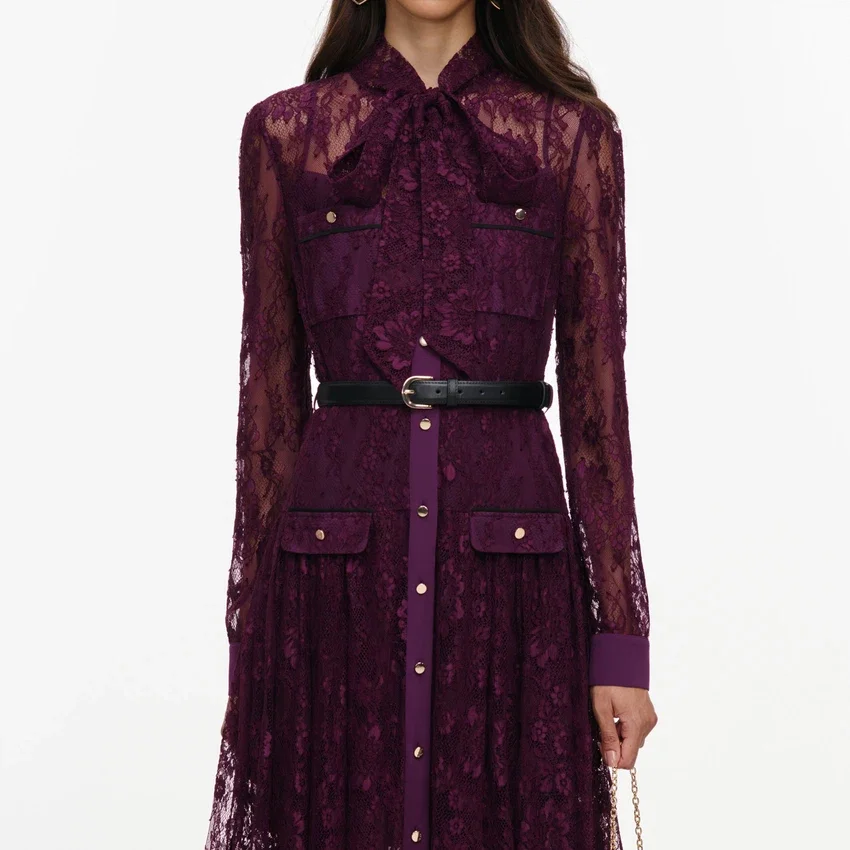 Purple Lace Tie Neck Midi Dress Purple Lace Tie Neck Midi Dress