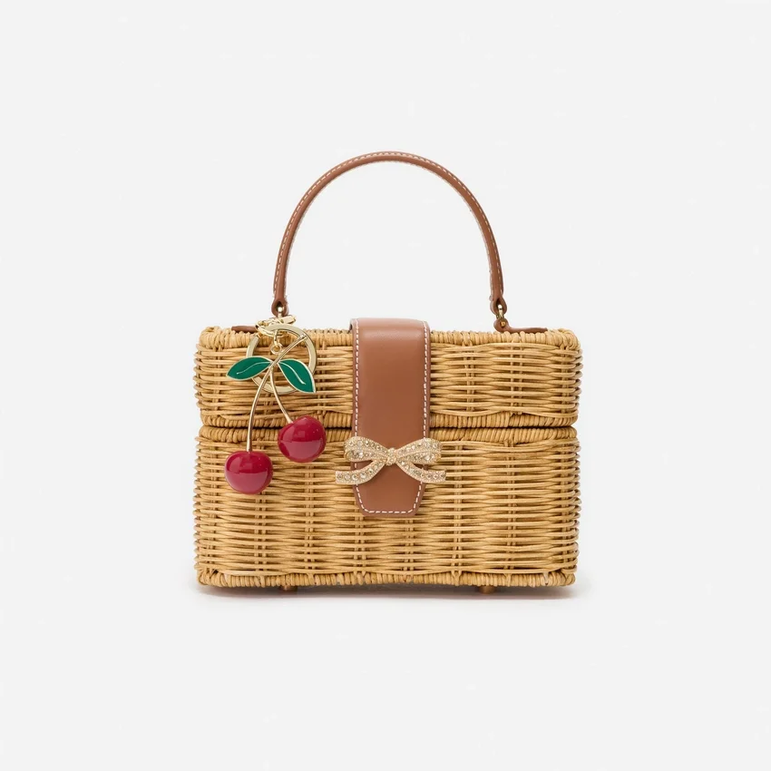Rattan Cherry Charm Mini Basket Bag Rattan Cherry Charm Mini Basket Bag