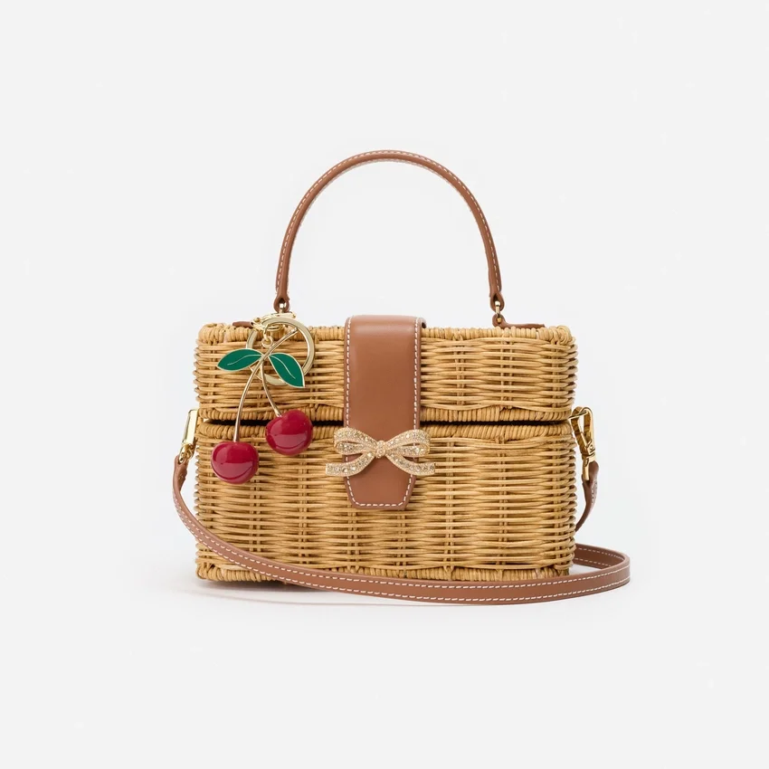 Rattan Cherry Charm Mini Basket Bag Rattan Cherry Charm Mini Basket Bag