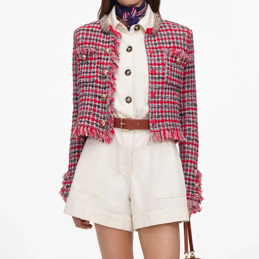 Red Check Frayed Knit Jacket Red Check Frayed Knit Jacket