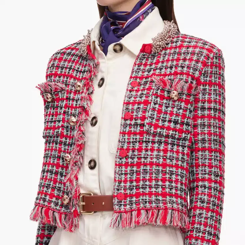 Red Check Frayed Knit Jacket Red Check Frayed Knit Jacket