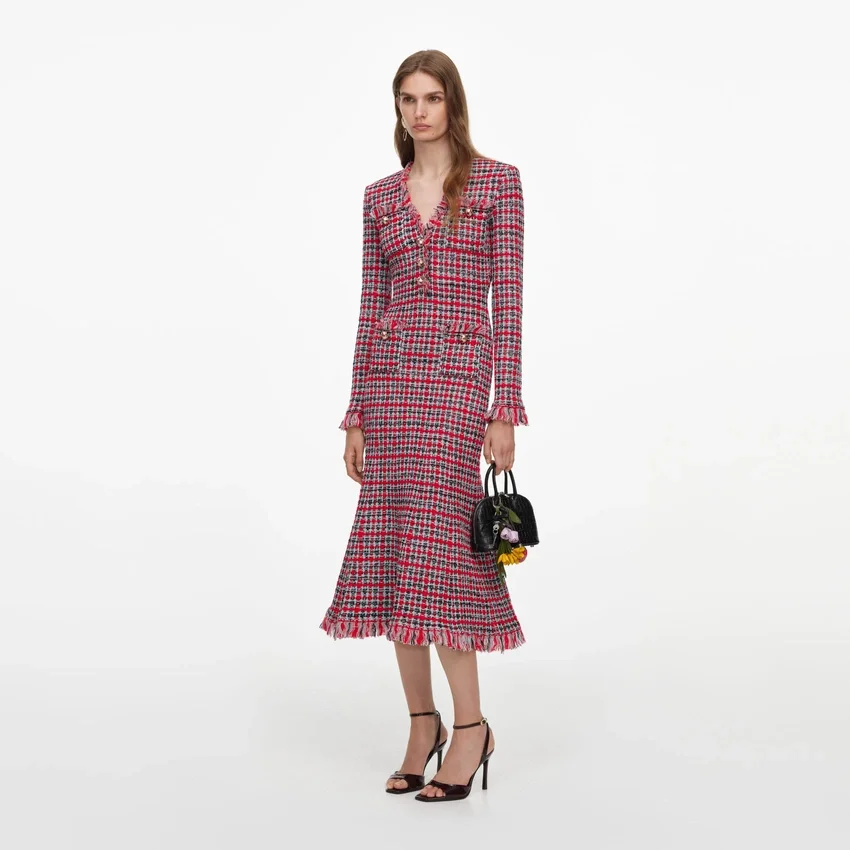 Red Check Frayed Knit Midi Dress Red Check Frayed Knit Midi Dress