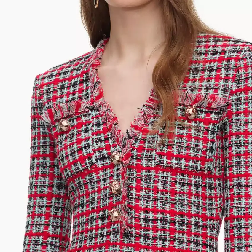 Red Check Frayed Knit Midi Dress Red Check Frayed Knit Midi Dress
