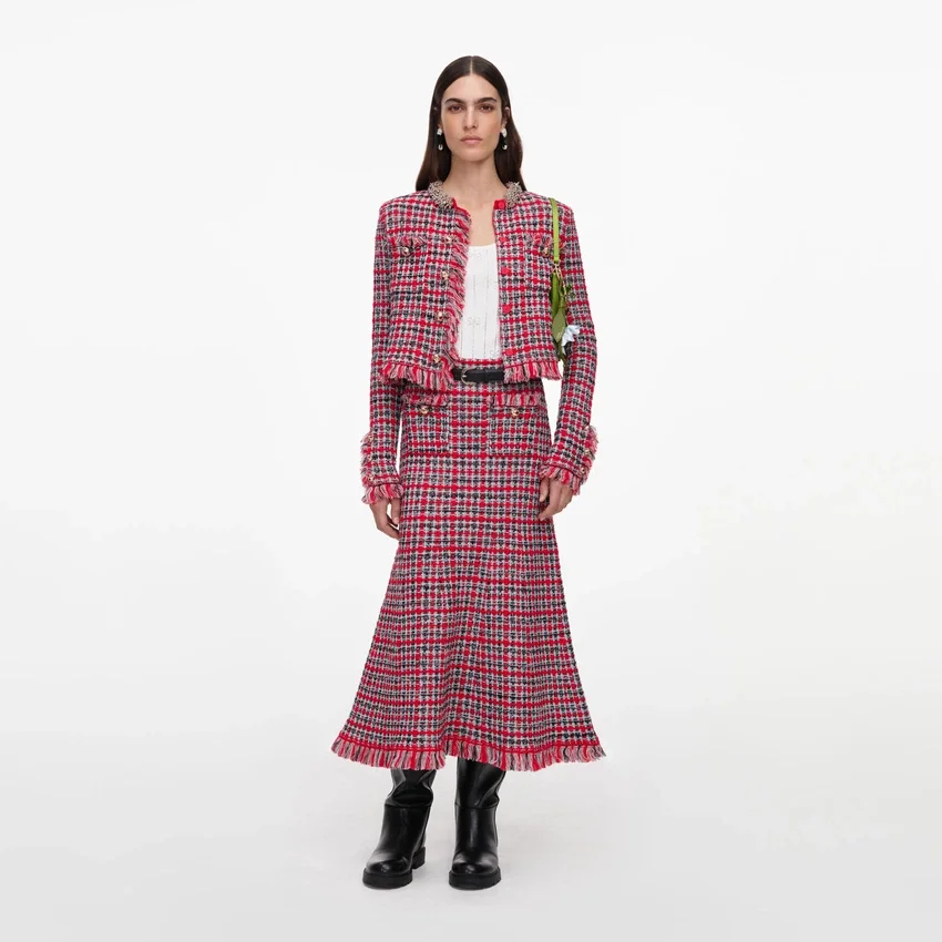 Red Check Frayed Knit Midi Skirt Red Check Frayed Knit Midi Skirt