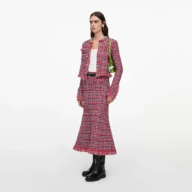 Red Check Frayed Knit Midi Skirt Red Check Frayed Knit Midi Skirt