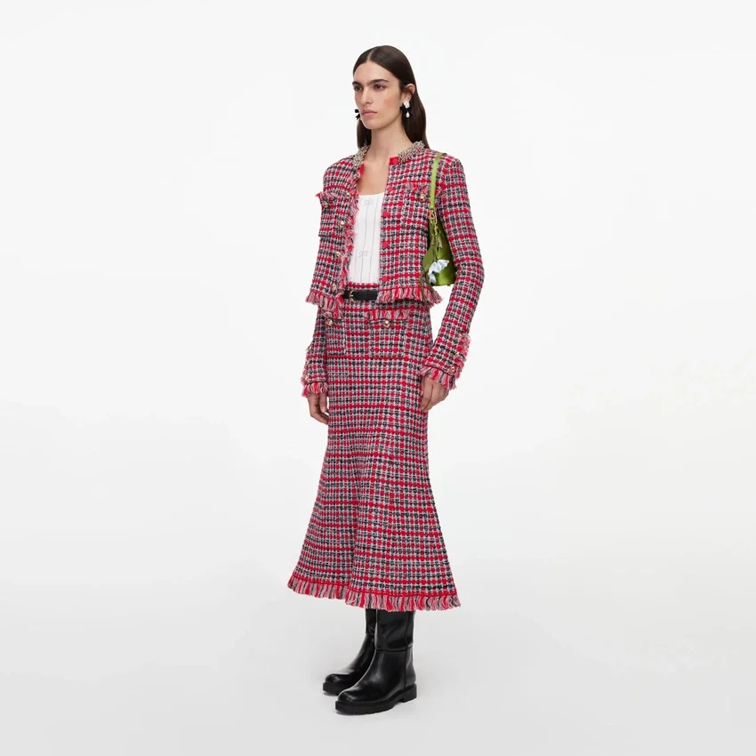 Red Check Frayed Knit Midi Skirt Red Check Frayed Knit Midi Skirt