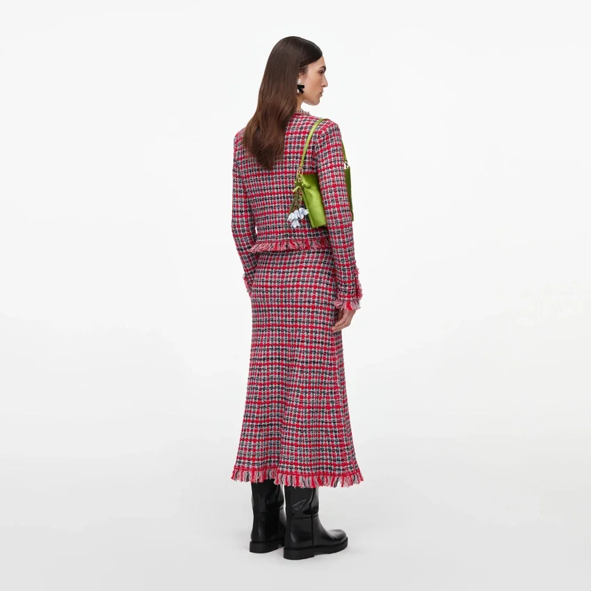 Red Check Frayed Knit Midi Skirt Red Check Frayed Knit Midi Skirt
