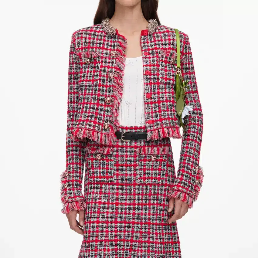 Red Check Frayed Knit Midi Skirt Red Check Frayed Knit Midi Skirt