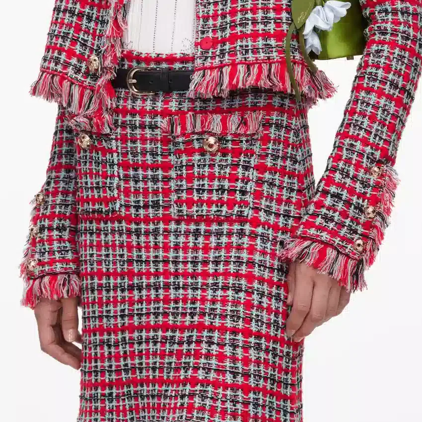 Red Check Frayed Knit Midi Skirt Red Check Frayed Knit Midi Skirt