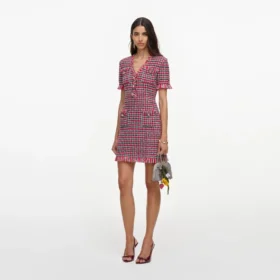 Red Check Frayed Knit Mini Dress