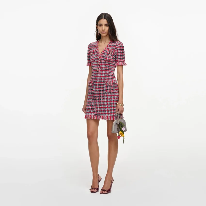 Red Check Frayed Knit Mini Dress Red Check Frayed Knit Mini Dress