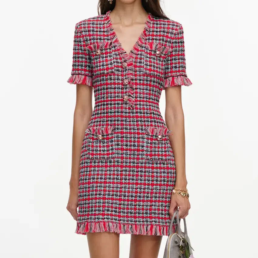 Red Check Frayed Knit Mini Dress Red Check Frayed Knit Mini Dress