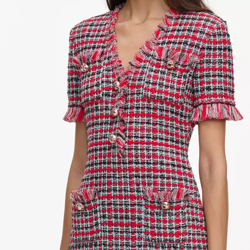 Red Check Frayed Knit Mini Dress Red Check Frayed Knit Mini Dress