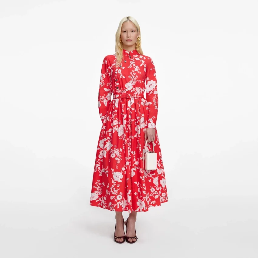Red Floral Cotton Midi Dress Red Floral Cotton Midi Dress