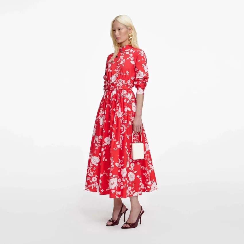 Red Floral Cotton Midi Dress Red Floral Cotton Midi Dress