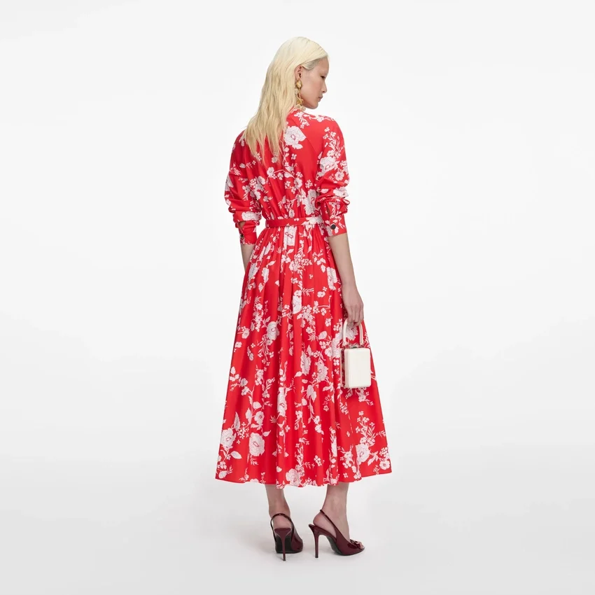 Red Floral Cotton Midi Dress Red Floral Cotton Midi Dress