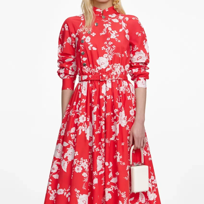 Red Floral Cotton Midi Dress Red Floral Cotton Midi Dress