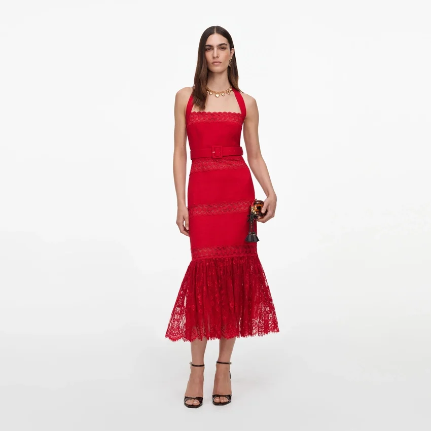 Red Linen Blend Lace Midi Dress Red Linen Blend Lace Midi Dress