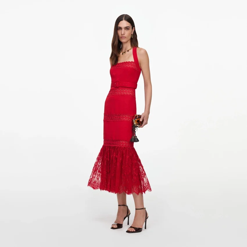 Red Linen Blend Lace Midi Dress Red Linen Blend Lace Midi Dress