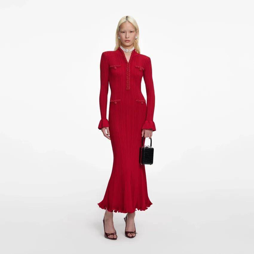 Red Pearl Trim Knit Midi Dress Red Pearl Trim Knit Midi Dress