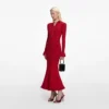 Red Pearl Trim Knit Midi Dress Red Pearl Trim Knit Midi Dress