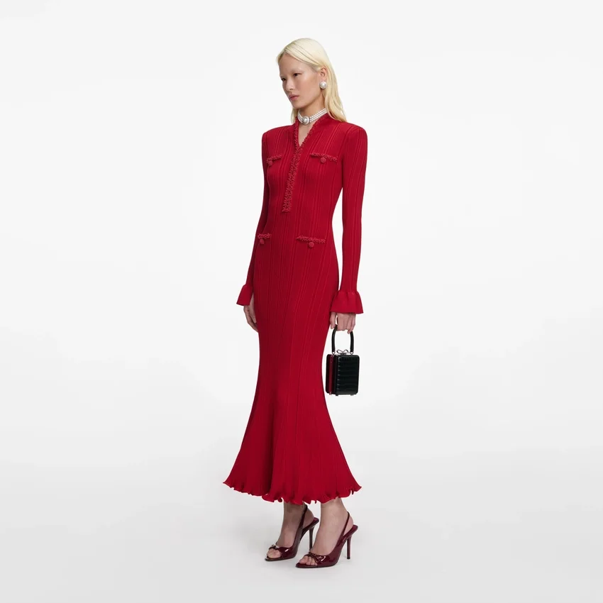 Red Pearl Trim Knit Midi Dress Red Pearl Trim Knit Midi Dress