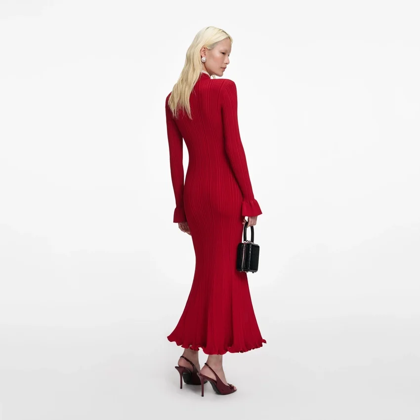 Red Pearl Trim Knit Midi Dress Red Pearl Trim Knit Midi Dress