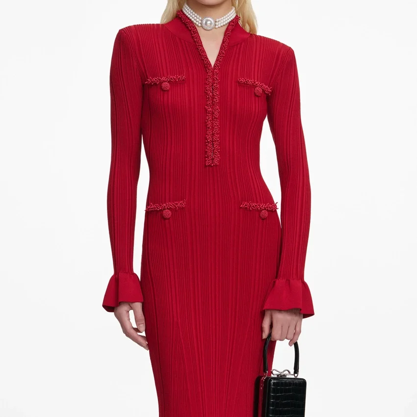Red Pearl Trim Knit Midi Dress Red Pearl Trim Knit Midi Dress
