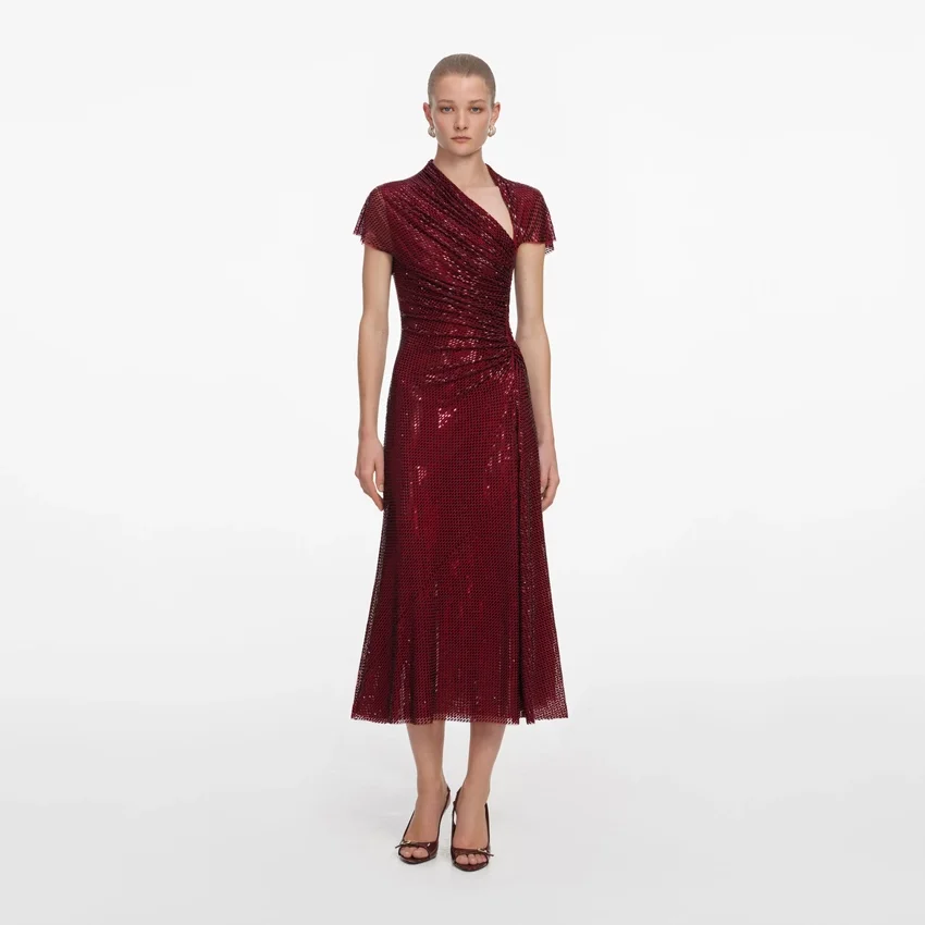 Red Rhinestone Drape Midi Dress Red Rhinestone Drape Midi Dress